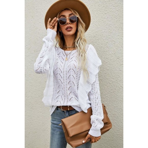 Openwork Round Neck Ruffled Sweater - Picture 1 of 16